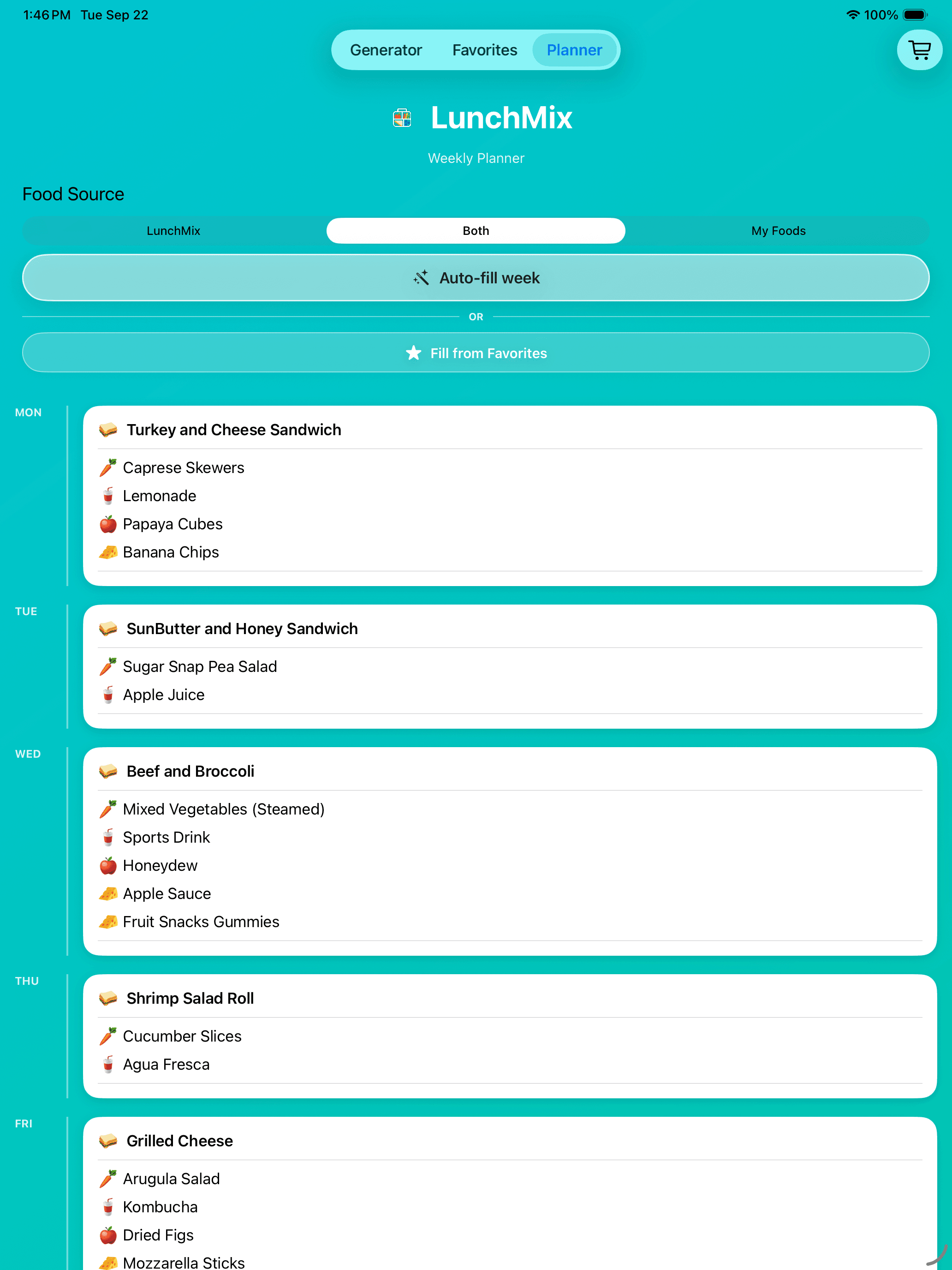 LunchMix weekly planner on iPad