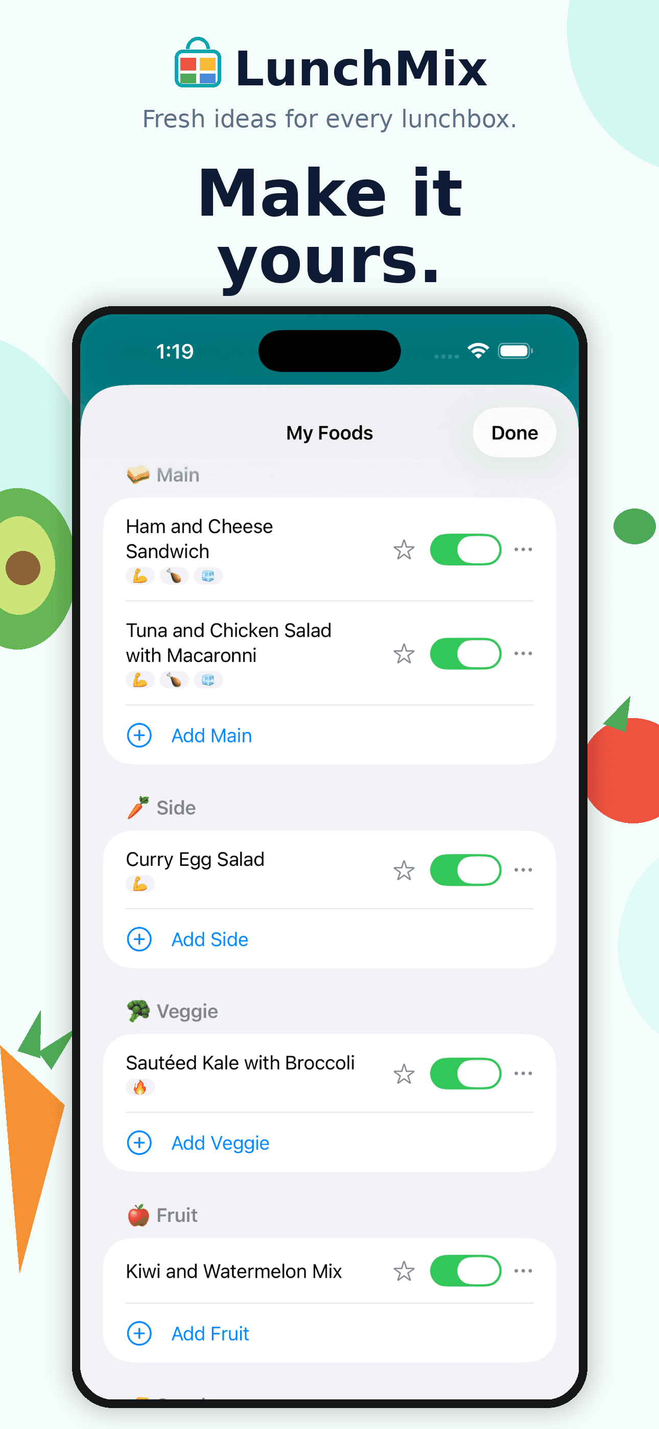 LunchMix My Foods screen